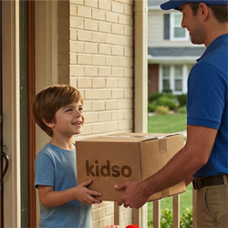 Courier delivering a Kidso box to a smiling child