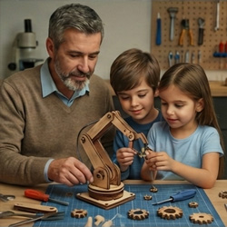 Family building a wooden STEM project together at a table